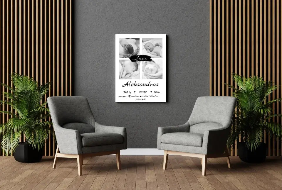 Personalizuota Vaiko Gimimo Metrikų Iliustracija ant drobės su jūsų nuotraukomis Drobe - dovanokis.lt