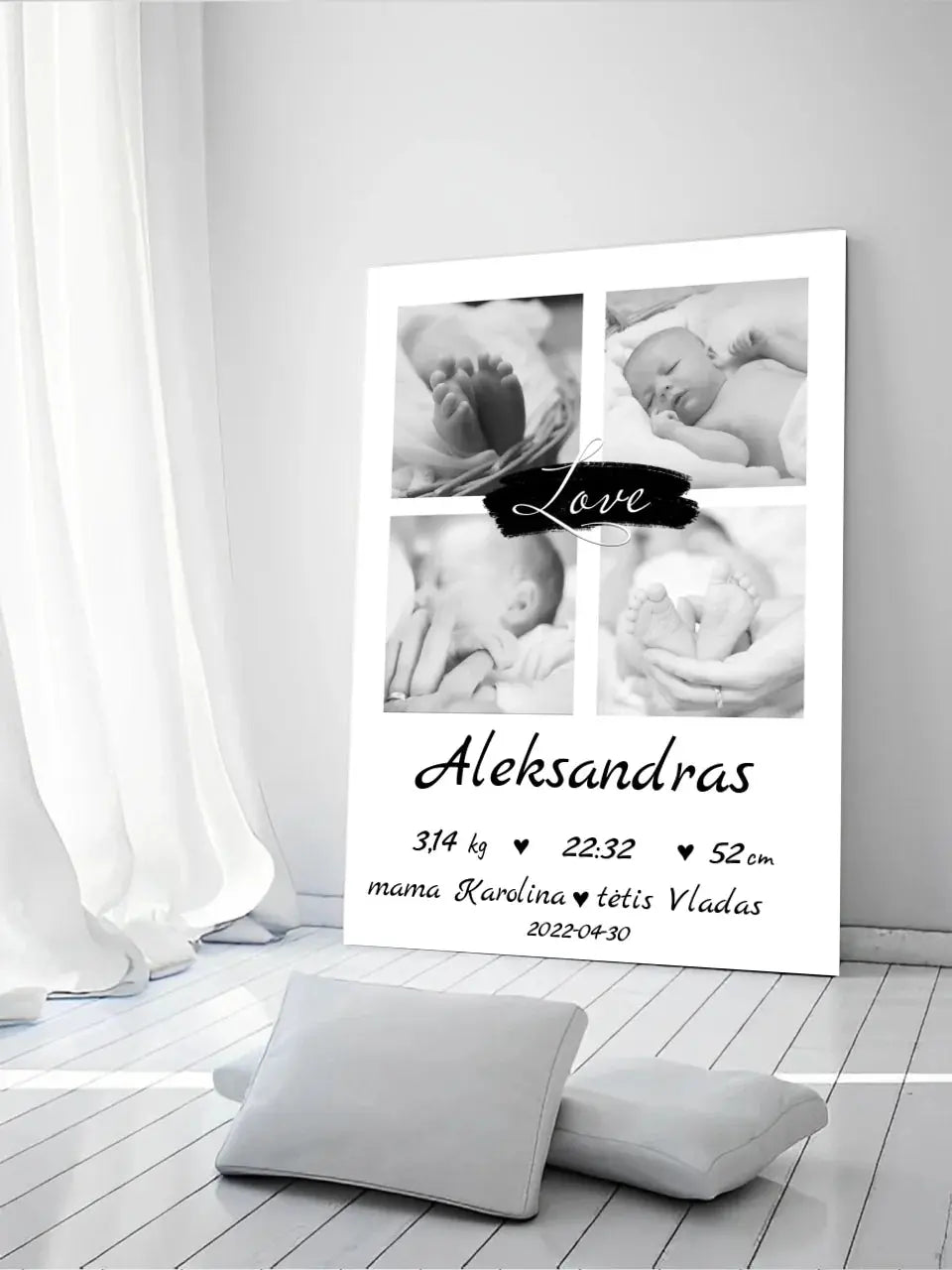 Personalizuota Vaiko Gimimo Metrikų Iliustracija ant drobės su jūsų nuotraukomis Drobe - dovanokis.lt