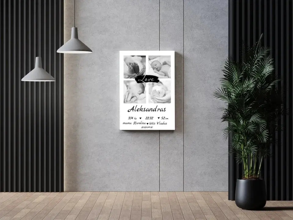 Personalizuota Vaiko Gimimo Metrikų Iliustracija ant drobės su jūsų nuotraukomis Drobe - dovanokis.lt