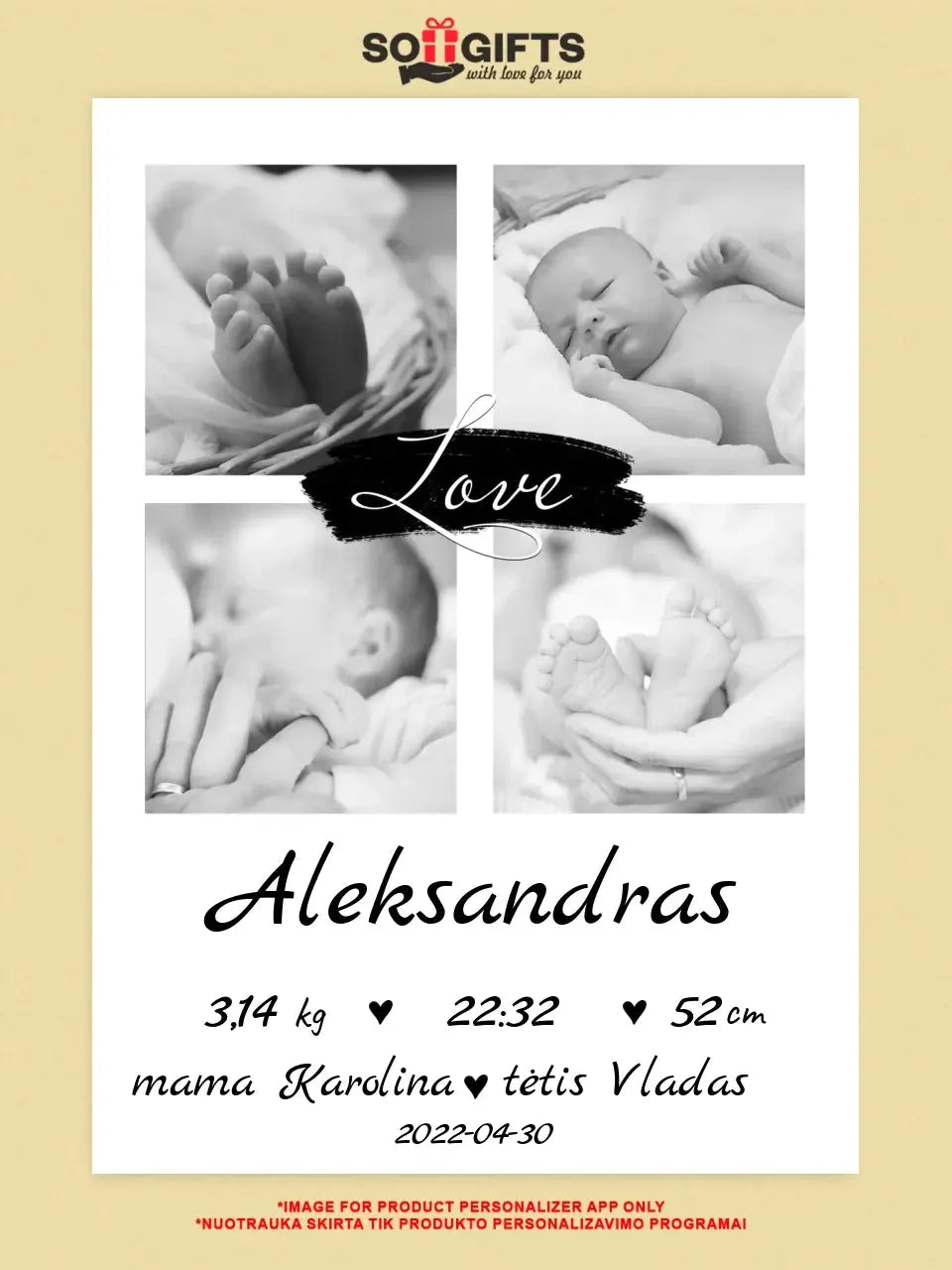 Personalizuota Vaiko Gimimo Metrikų Iliustracija ant drobės su jūsų nuotraukomis Drobe - dovanokis.lt