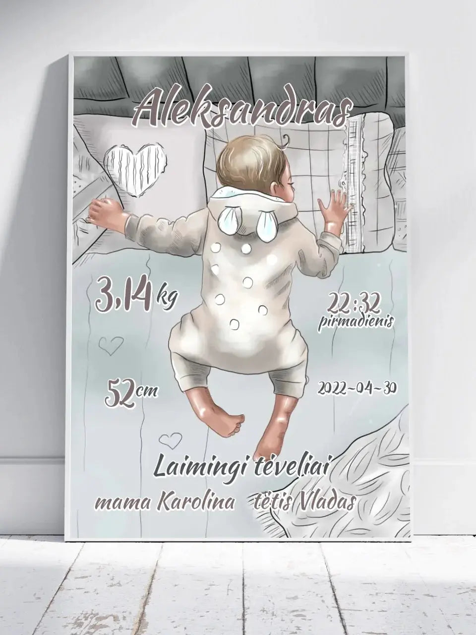 Personalizuota Vaiko Gimimo Metrikų Iliustracija, Mergaitės ir Berniuko gimimo metrika, plakatas su rėmeliu Poster - dovanokis.lt