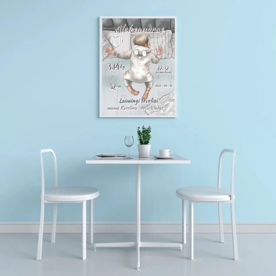 Personalizuota Vaiko Gimimo Metrikų Iliustracija, Mergaitės ir Berniuko gimimo metrika, plakatas su rėmeliu Poster - dovanokis.lt