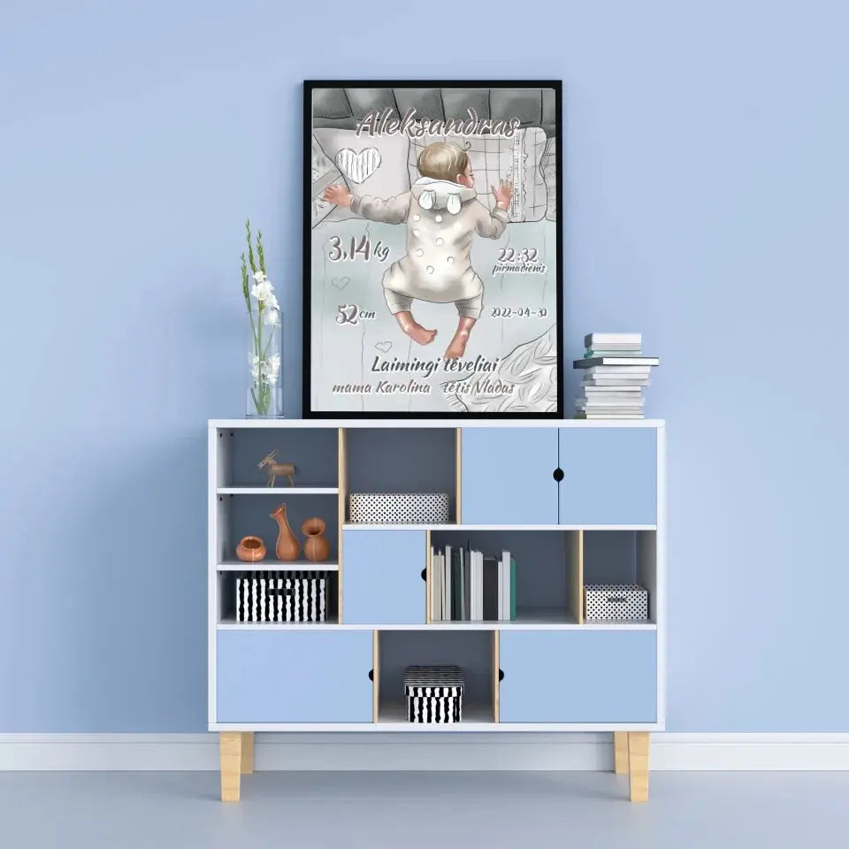 Personalizuota Vaiko Gimimo Metrikų Iliustracija, Mergaitės ir Berniuko gimimo metrika, plakatas su rėmeliu Poster - dovanokis.lt