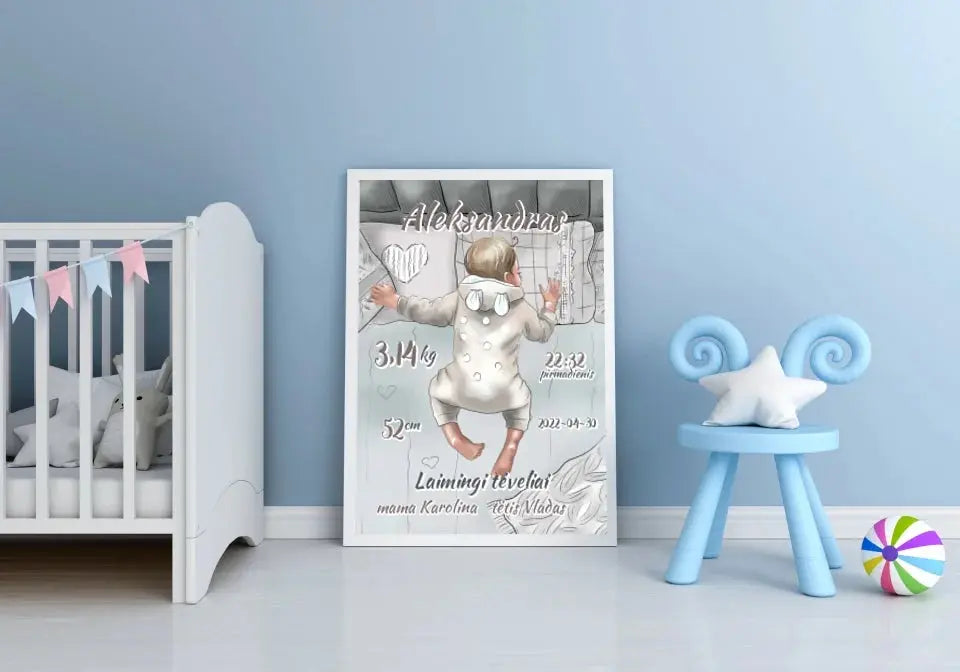 Personalizuota Vaiko Gimimo Metrikų Iliustracija, Mergaitės ir Berniuko gimimo metrika, plakatas su rėmeliu Poster - dovanokis.lt