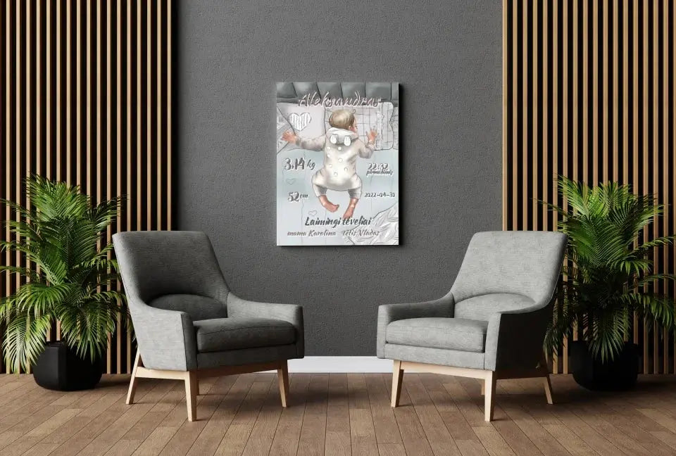 Personalizuota Vaiko Gimimo Metrikų Iliustracija ant drobės, Mergaitės ir Berniuko gimimo metrika Drobe - dovanokis.lt