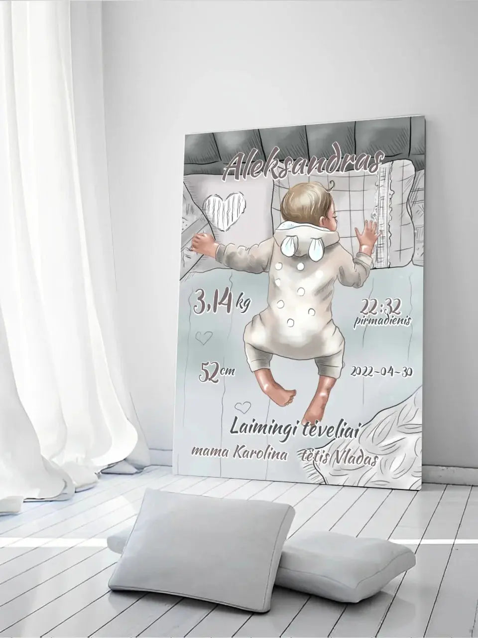 Personalizuota Vaiko Gimimo Metrikų Iliustracija ant drobės, Mergaitės ir Berniuko gimimo metrika Drobe - dovanokis.lt