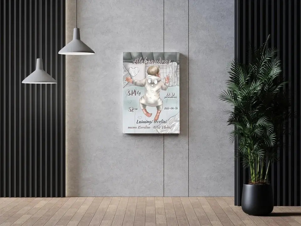 Personalizuota Vaiko Gimimo Metrikų Iliustracija ant drobės, Mergaitės ir Berniuko gimimo metrika Drobe - dovanokis.lt