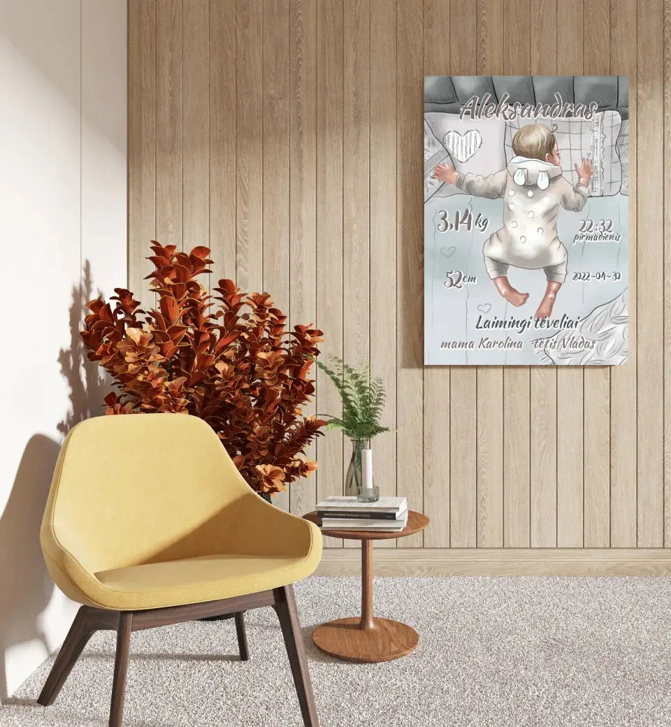 Personalizuota Vaiko Gimimo Metrikų Iliustracija ant drobės, Mergaitės ir Berniuko gimimo metrika Drobe - dovanokis.lt