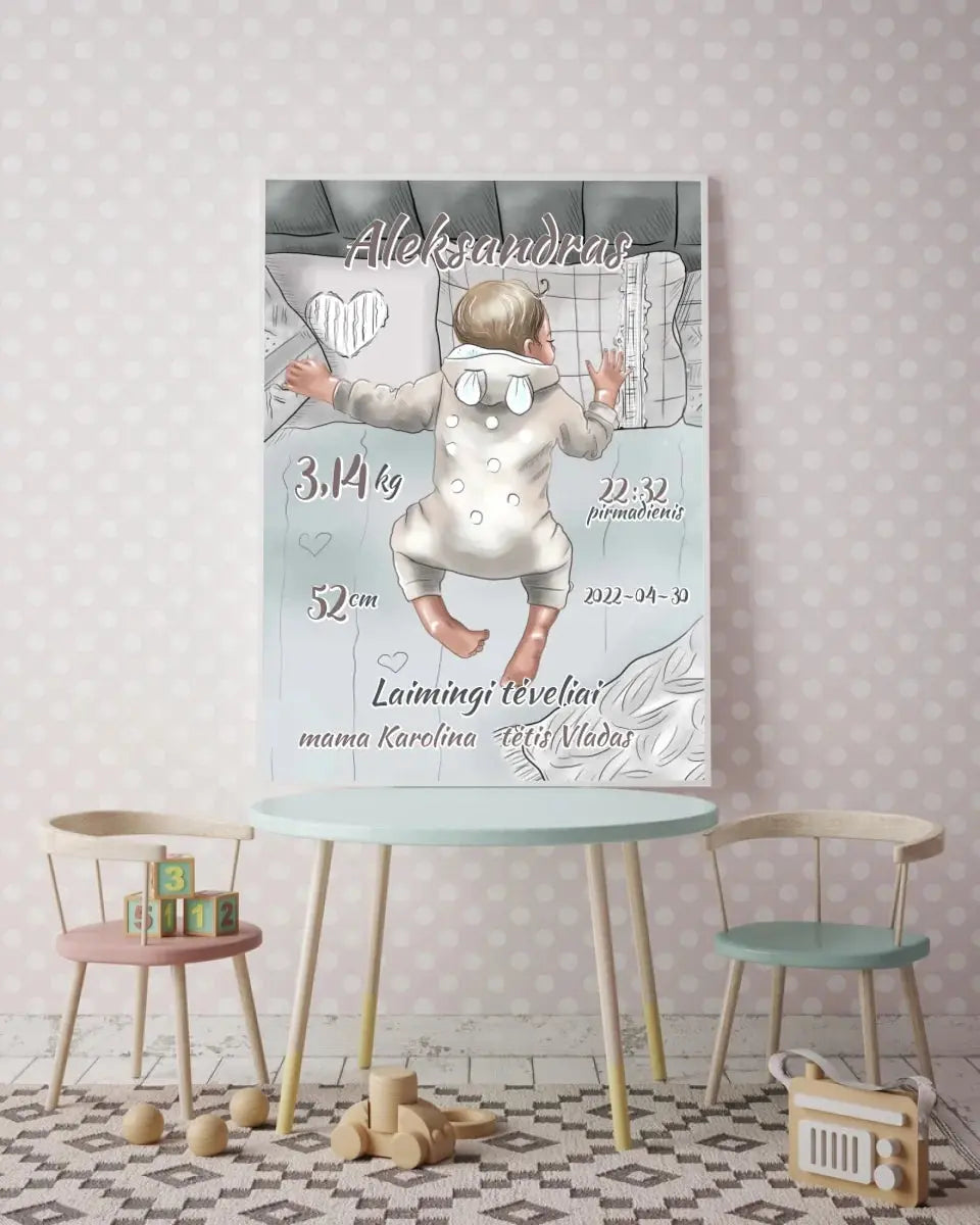 Personalizuota Vaiko Gimimo Metrikų Iliustracija, Mergaitės ir Berniuko gimimo metrika, plakatas su rėmeliu Poster - dovanokis.lt