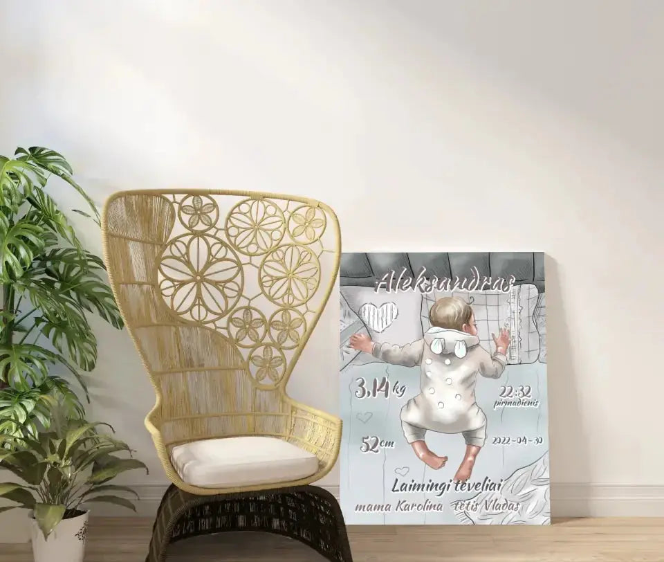 Personalizuota Vaiko Gimimo Metrikų Iliustracija ant drobės, Mergaitės ir Berniuko gimimo metrika Drobe - dovanokis.lt