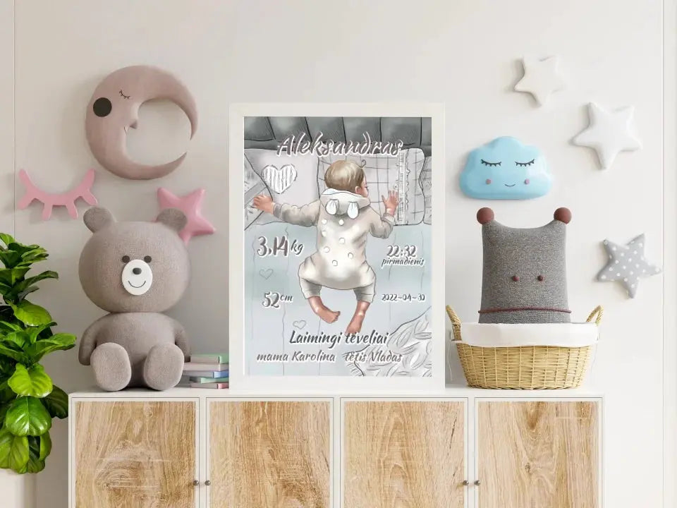 Personalizuota Vaiko Gimimo Metrikų Iliustracija, Mergaitės ir Berniuko gimimo metrika, plakatas su rėmeliu Poster - dovanokis.lt