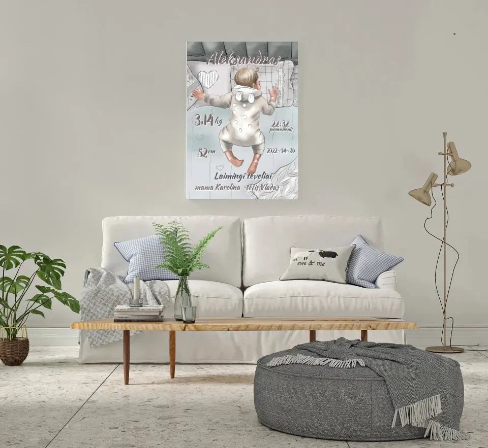 Personalizuota Vaiko Gimimo Metrikų Iliustracija ant drobės, Mergaitės ir Berniuko gimimo metrika Drobe - dovanokis.lt