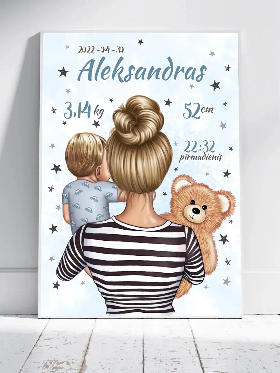 Personalizuota Vaiko Gimimo Metrikų Iliustracija Mylimiausia mama, Berniuko gimimo metrika, plakatas su rėmeliu Poster - dovanokis.lt