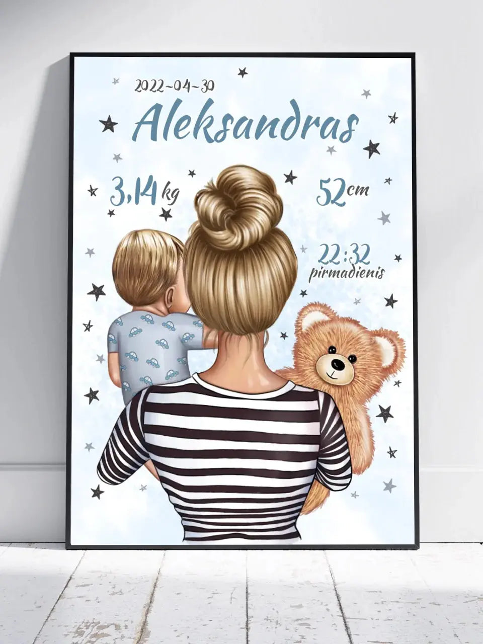 Personalizuota Vaiko Gimimo Metrikų Iliustracija Mylimiausia mama, Berniuko gimimo metrika, plakatas su rėmeliu Poster - dovanokis.lt