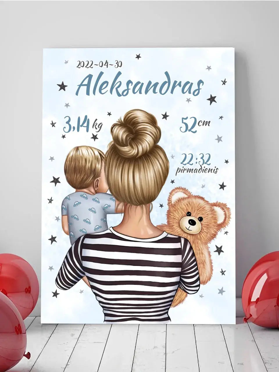 Personalizuota Vaiko Gimimo Metrikų Iliustracija ant drobės, Mylimiausia mama, Berniuko gimimo metrika Drobe - dovanokis.lt