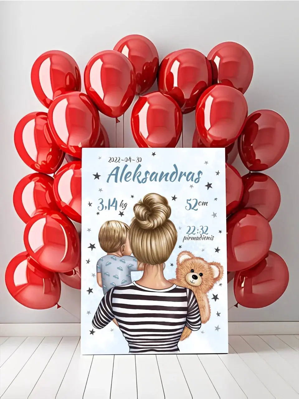 Personalizuota Vaiko Gimimo Metrikų Iliustracija ant drobės, Mylimiausia mama, Berniuko gimimo metrika Drobe - dovanokis.lt