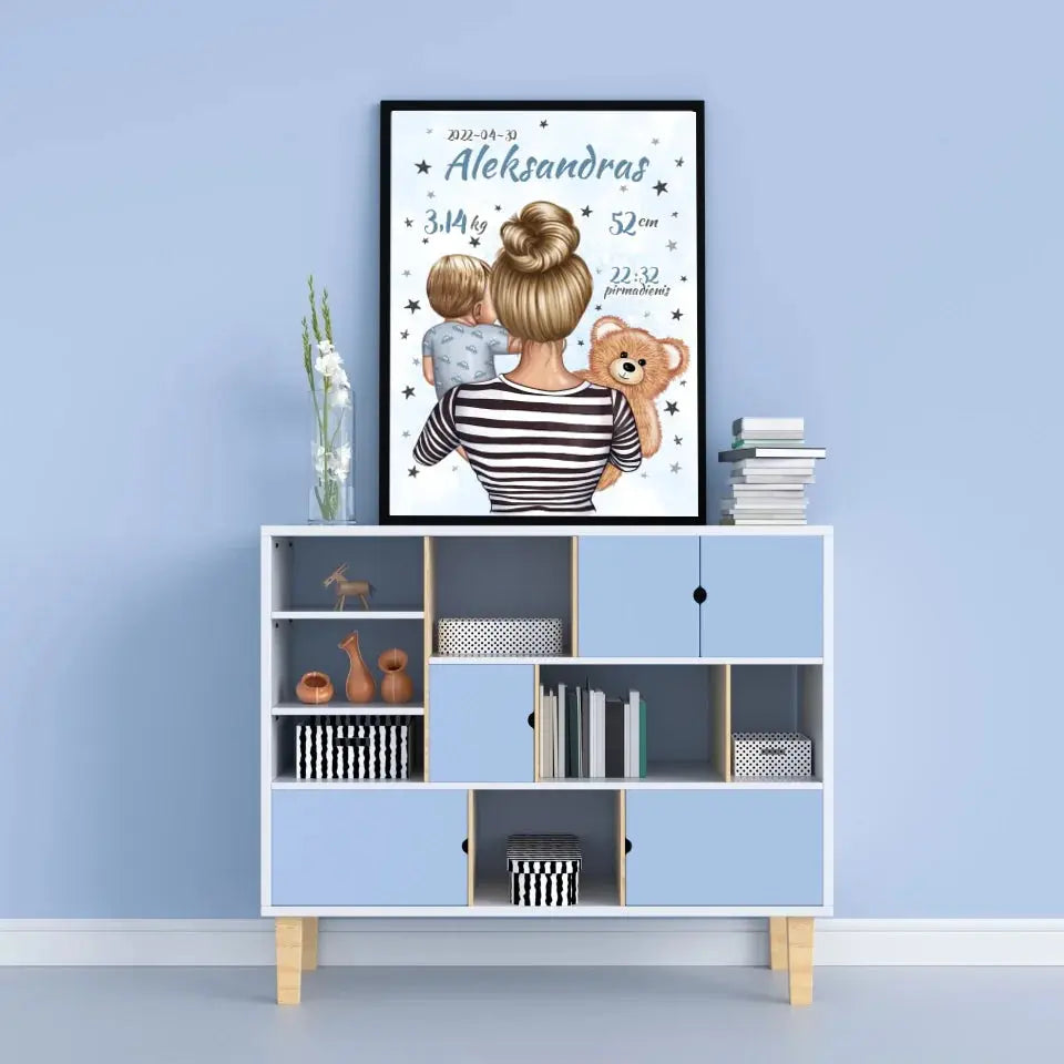 Personalizuota Vaiko Gimimo Metrikų Iliustracija Mylimiausia mama, Berniuko gimimo metrika, plakatas su rėmeliu Poster - dovanokis.lt