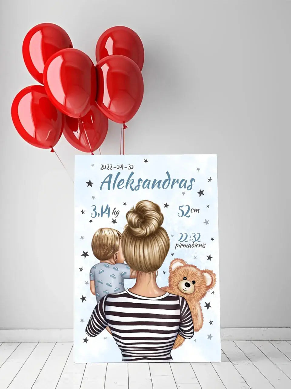 Personalizuota Vaiko Gimimo Metrikų Iliustracija ant drobės, Mylimiausia mama, Berniuko gimimo metrika Drobe - dovanokis.lt