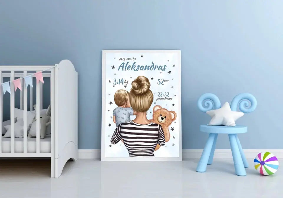 Personalizuota Vaiko Gimimo Metrikų Iliustracija Mylimiausia mama, Berniuko gimimo metrika, plakatas su rėmeliu Poster - dovanokis.lt
