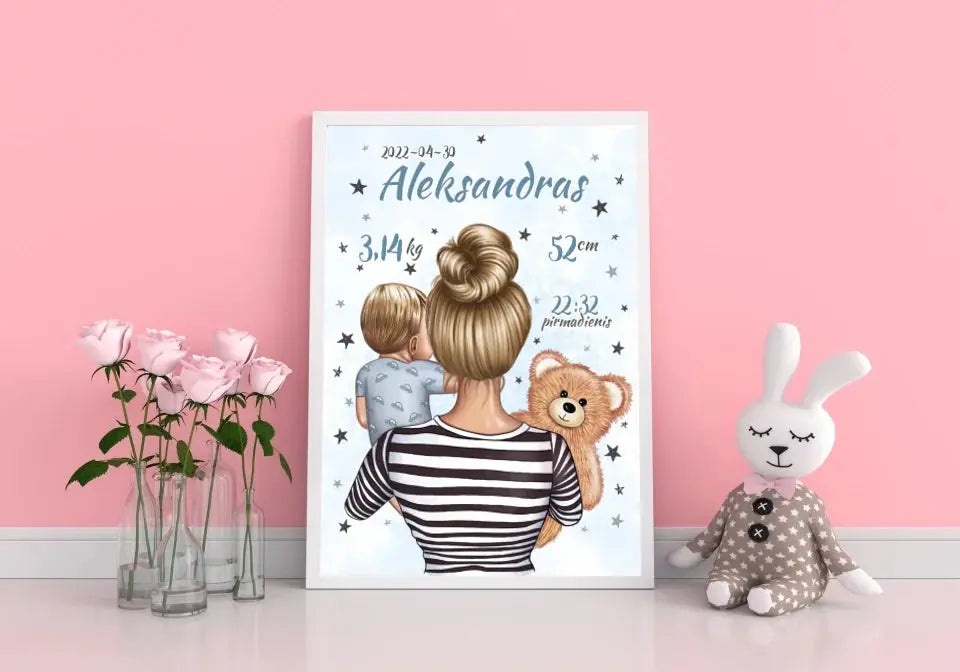 Personalizuota Vaiko Gimimo Metrikų Iliustracija Mylimiausia mama, Berniuko gimimo metrika, plakatas su rėmeliu Poster - dovanokis.lt