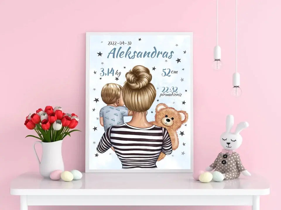 Personalizuota Vaiko Gimimo Metrikų Iliustracija Mylimiausia mama, Berniuko gimimo metrika, plakatas su rėmeliu Poster - dovanokis.lt