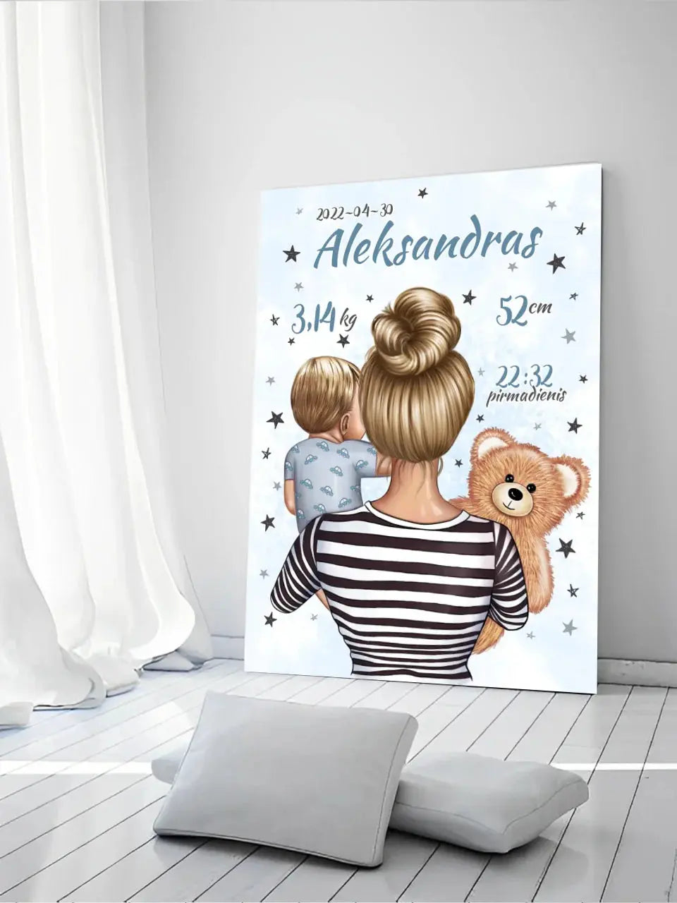 Personalizuota Vaiko Gimimo Metrikų Iliustracija ant drobės, Mylimiausia mama, Berniuko gimimo metrika Drobe - dovanokis.lt