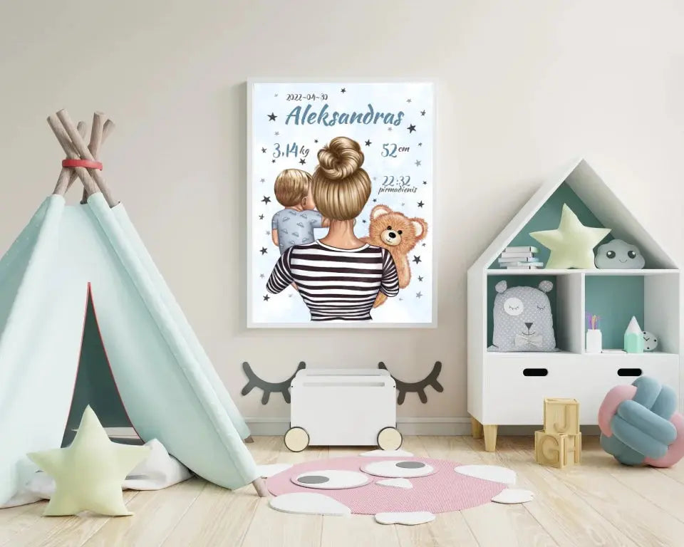 Personalizuota Vaiko Gimimo Metrikų Iliustracija Mylimiausia mama, Berniuko gimimo metrika, plakatas su rėmeliu Poster - dovanokis.lt
