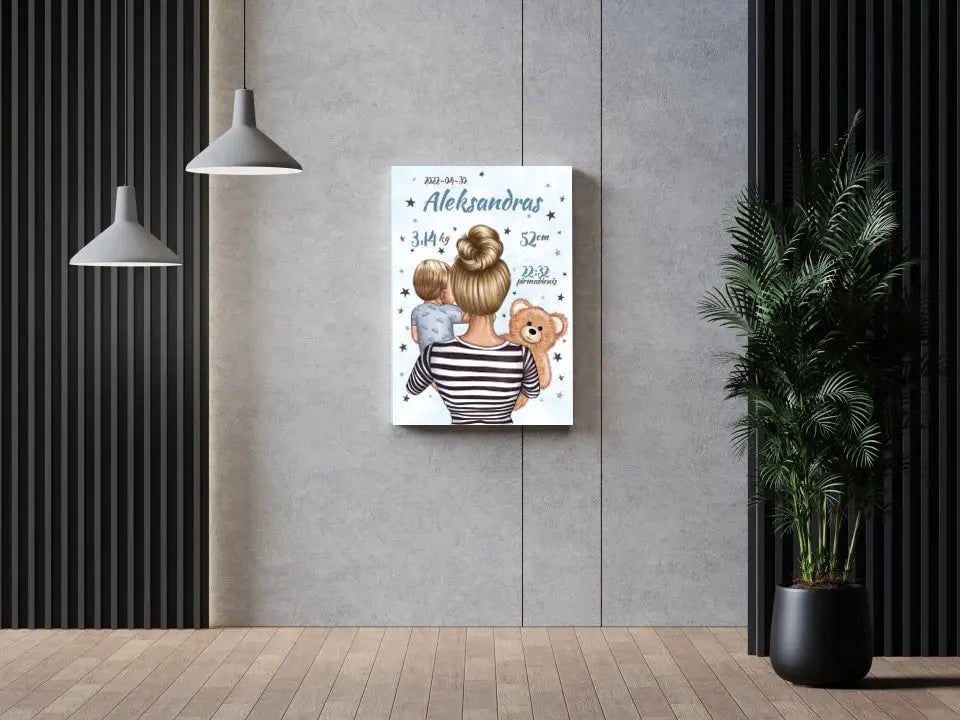 Personalizuota Vaiko Gimimo Metrikų Iliustracija ant drobės, Mylimiausia mama, Berniuko gimimo metrika Drobe - dovanokis.lt