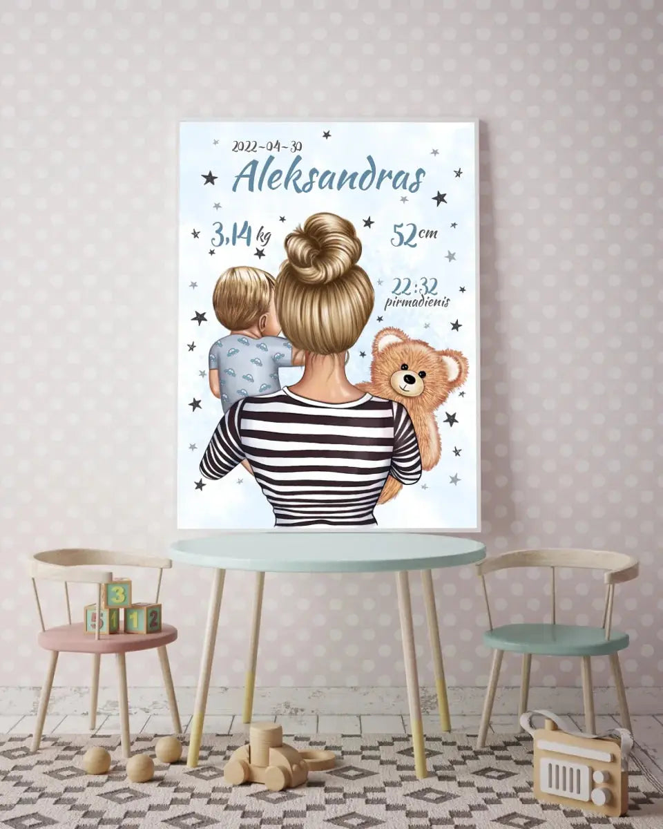 Personalizuota Vaiko Gimimo Metrikų Iliustracija Mylimiausia mama, Berniuko gimimo metrika, plakatas su rėmeliu Poster - dovanokis.lt