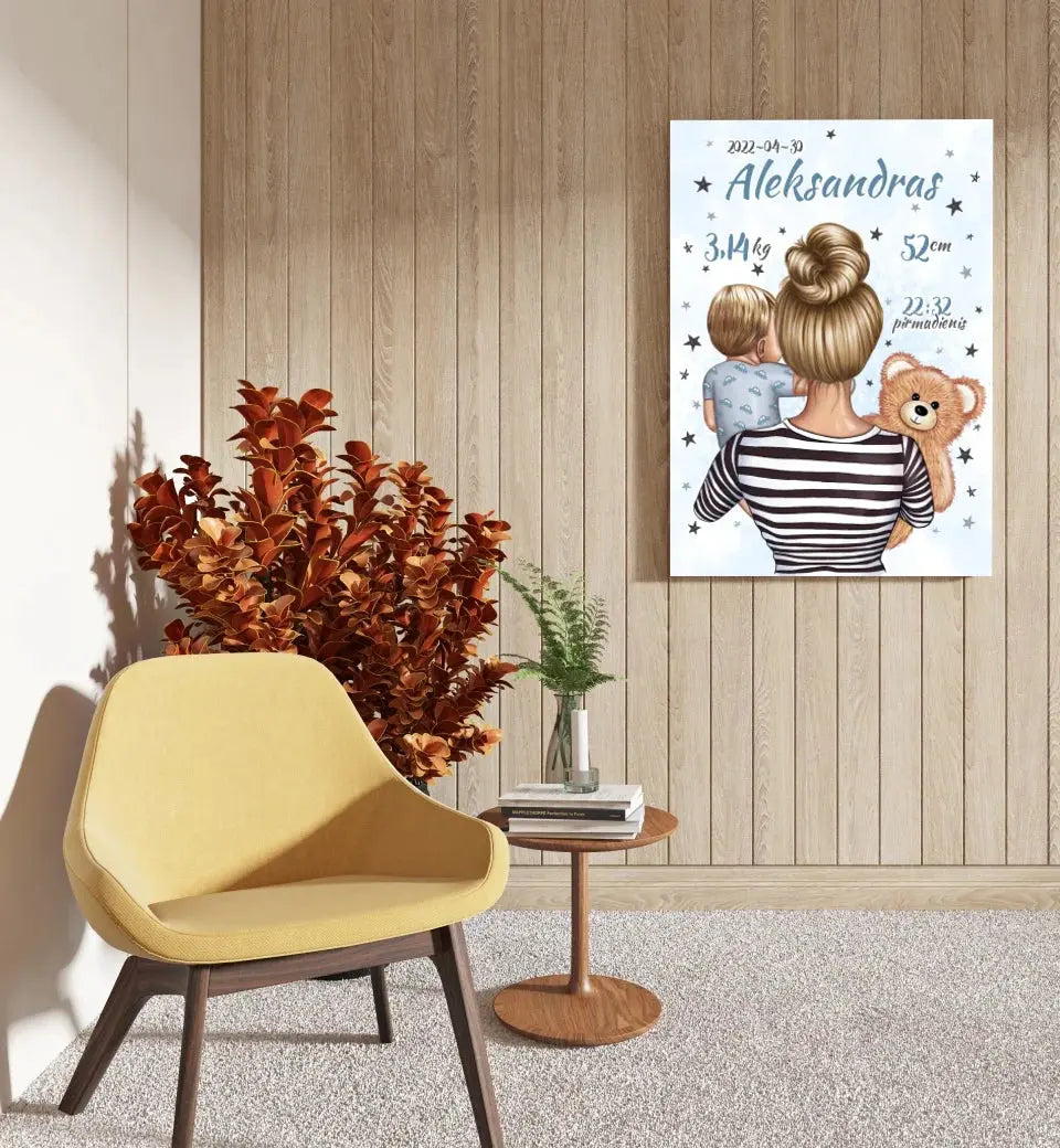 Personalizuota Vaiko Gimimo Metrikų Iliustracija ant drobės, Mylimiausia mama, Berniuko gimimo metrika Drobe - dovanokis.lt