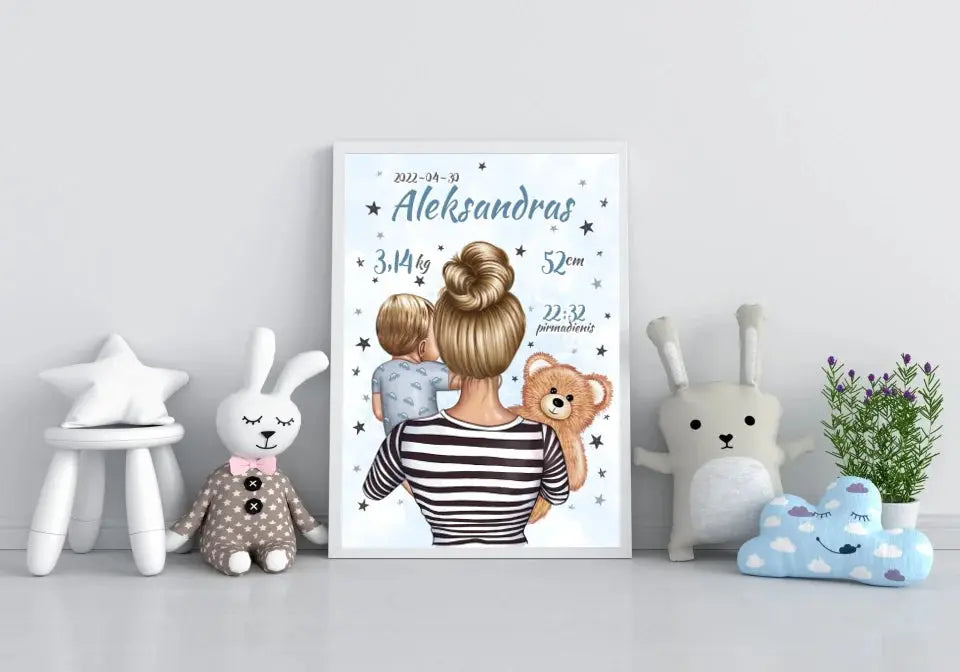 Personalizuota Vaiko Gimimo Metrikų Iliustracija Mylimiausia mama, Berniuko gimimo metrika, plakatas su rėmeliu Poster - dovanokis.lt