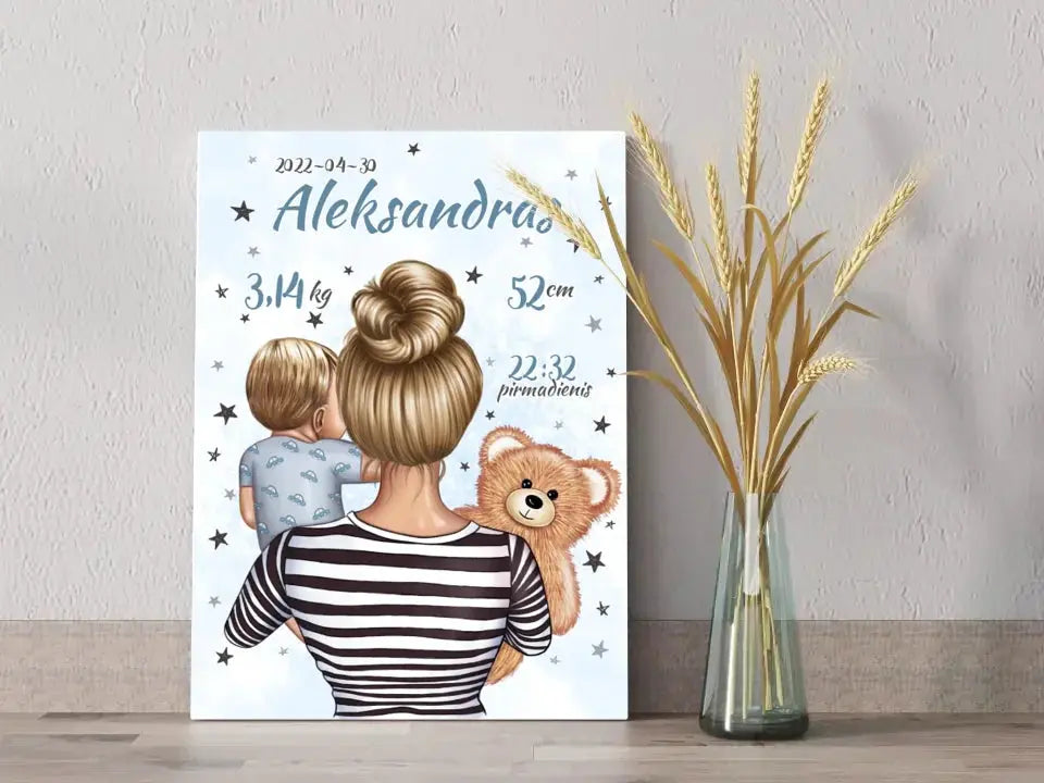 Personalizuota Vaiko Gimimo Metrikų Iliustracija ant drobės, Mylimiausia mama, Berniuko gimimo metrika Drobe - dovanokis.lt