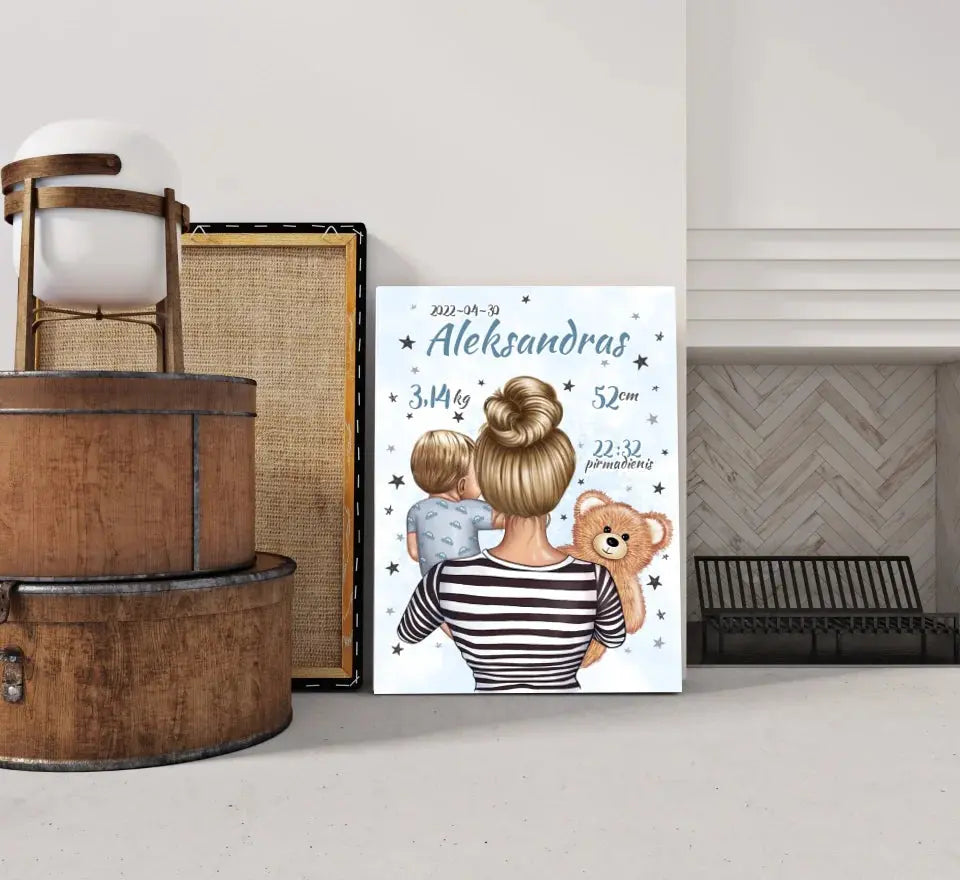 Personalizuota Vaiko Gimimo Metrikų Iliustracija ant drobės, Mylimiausia mama, Berniuko gimimo metrika Drobe - dovanokis.lt