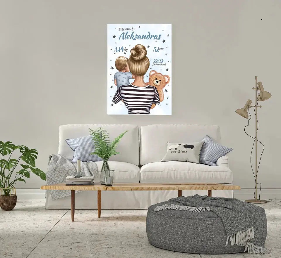 Personalizuota Vaiko Gimimo Metrikų Iliustracija ant drobės, Mylimiausia mama, Berniuko gimimo metrika Drobe - dovanokis.lt