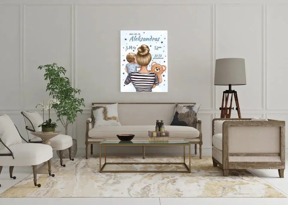 Personalizuota Vaiko Gimimo Metrikų Iliustracija ant drobės, Mylimiausia mama, Berniuko gimimo metrika Drobe - dovanokis.lt