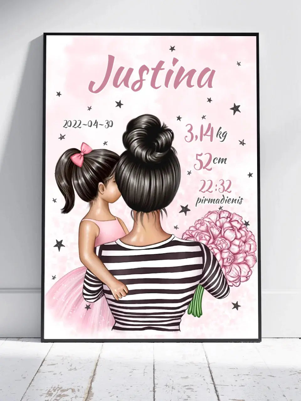 Personalizuota Vaiko Gimimo Metrikų Iliustracija Mylimiausia mama, Mergaitės gimimo metrika, plakatas su rėmeliu Poster - dovanokis.lt