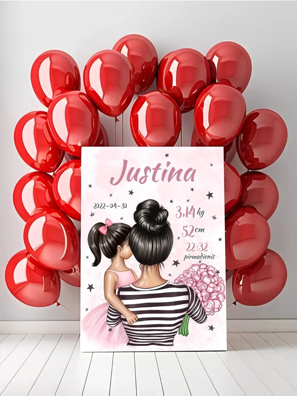 Personalizuota Vaiko Gimimo Metrikų Iliustracija ant drobės, Mylimiausia mama, Mergaitės gimimo metrika Drobe - dovanokis.lt