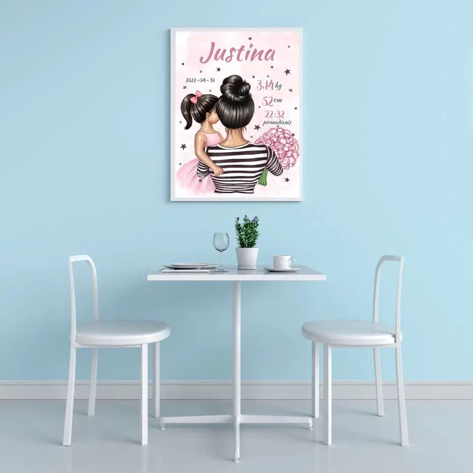 Personalizuota Vaiko Gimimo Metrikų Iliustracija Mylimiausia mama, Mergaitės gimimo metrika, plakatas su rėmeliu Poster - dovanokis.lt