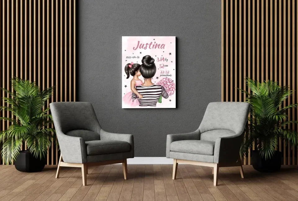 Personalizuota Vaiko Gimimo Metrikų Iliustracija ant drobės, Mylimiausia mama, Mergaitės gimimo metrika Drobe - dovanokis.lt