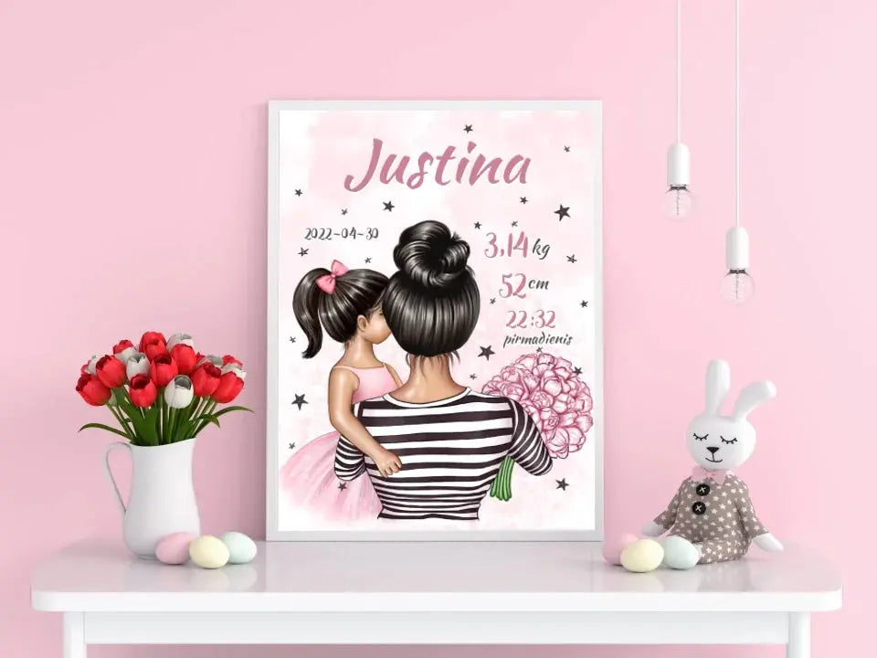Personalizuota Vaiko Gimimo Metrikų Iliustracija Mylimiausia mama, Mergaitės gimimo metrika, plakatas su rėmeliu Poster - dovanokis.lt