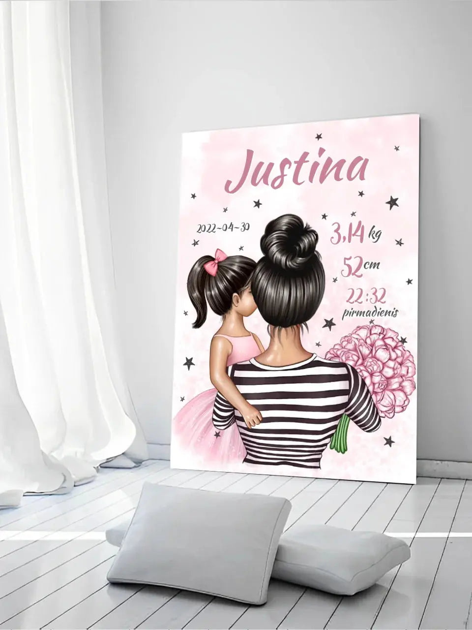 Personalizuota Vaiko Gimimo Metrikų Iliustracija ant drobės, Mylimiausia mama, Mergaitės gimimo metrika Drobe - dovanokis.lt