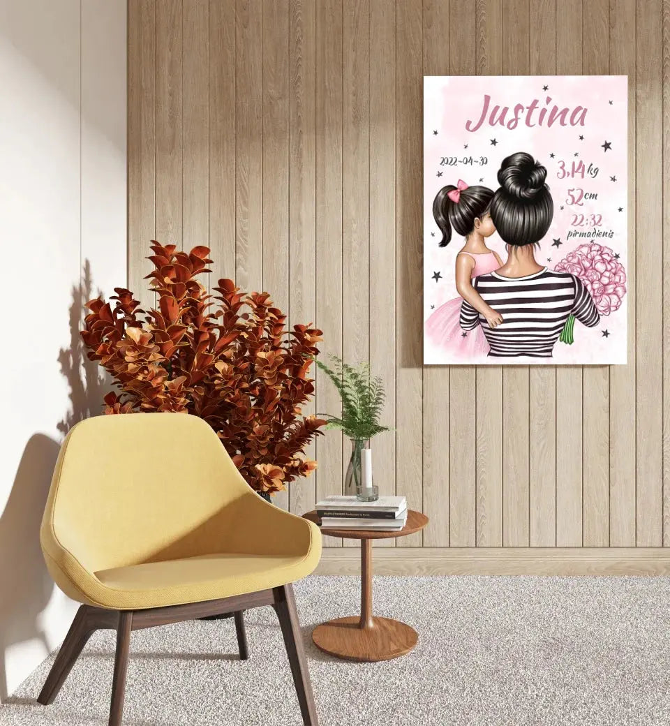 Personalizuota Vaiko Gimimo Metrikų Iliustracija ant drobės, Mylimiausia mama, Mergaitės gimimo metrika Drobe - dovanokis.lt