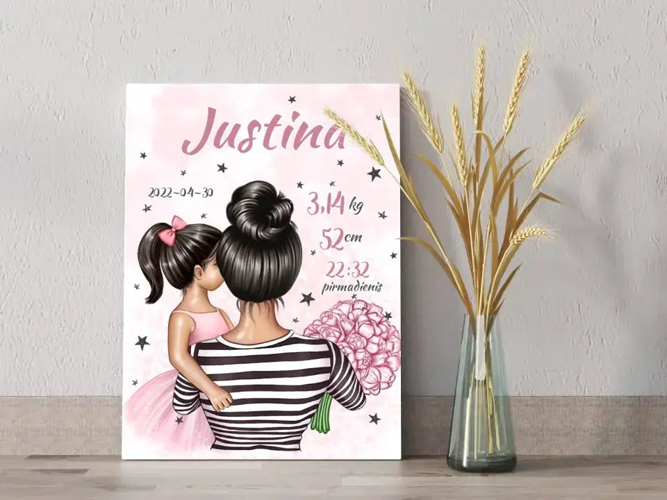 Personalizuota Vaiko Gimimo Metrikų Iliustracija ant drobės, Mylimiausia mama, Mergaitės gimimo metrika Drobe - dovanokis.lt