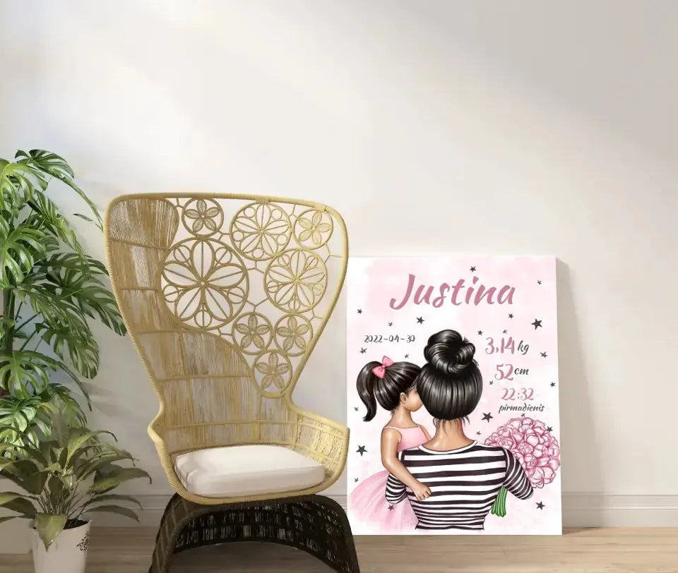 Personalizuota Vaiko Gimimo Metrikų Iliustracija ant drobės, Mylimiausia mama, Mergaitės gimimo metrika Drobe - dovanokis.lt