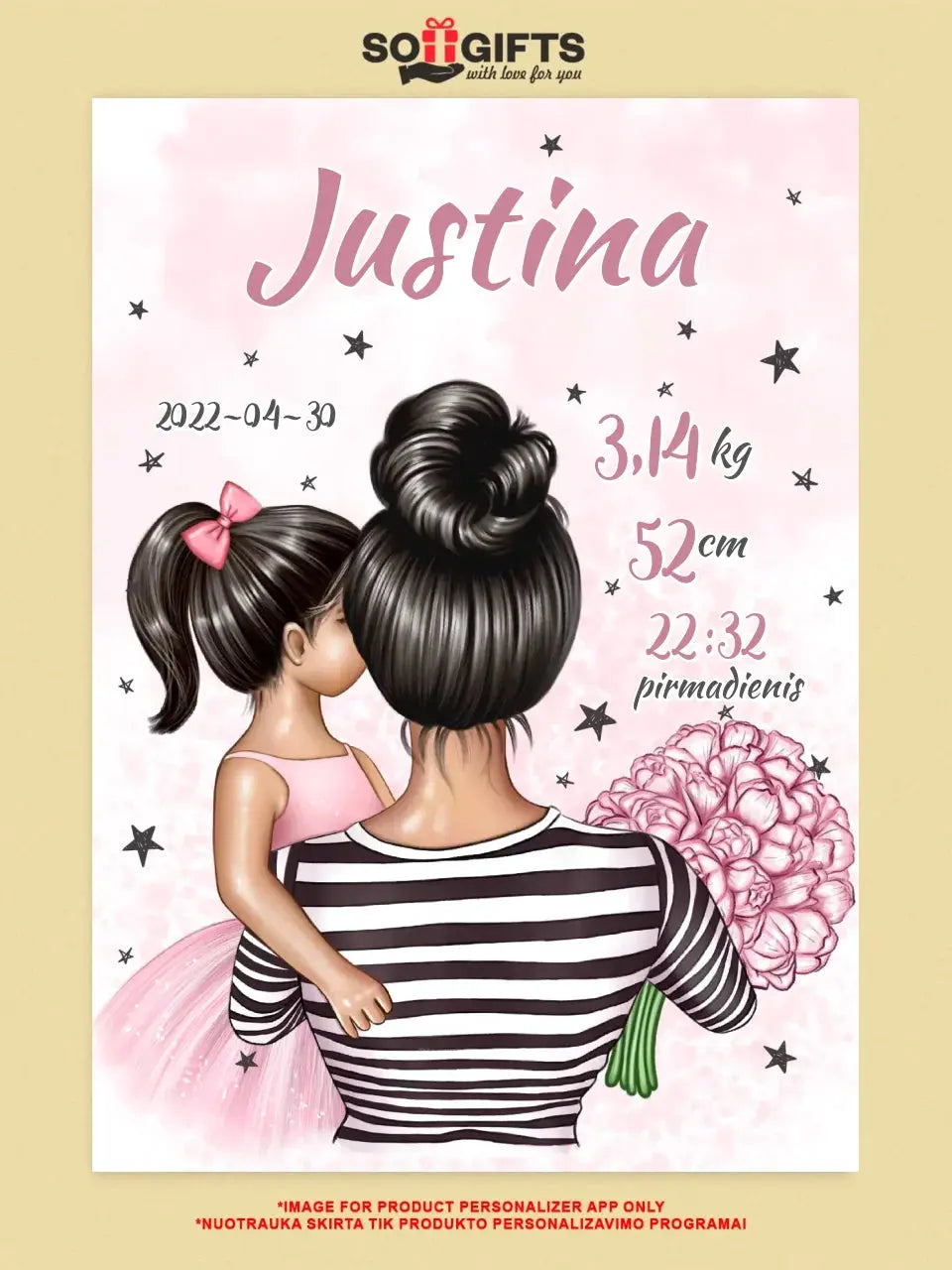 Personalizuota Vaiko Gimimo Metrikų Iliustracija Mylimiausia mama, Mergaitės gimimo metrika, plakatas su rėmeliu Poster - dovanokis.lt