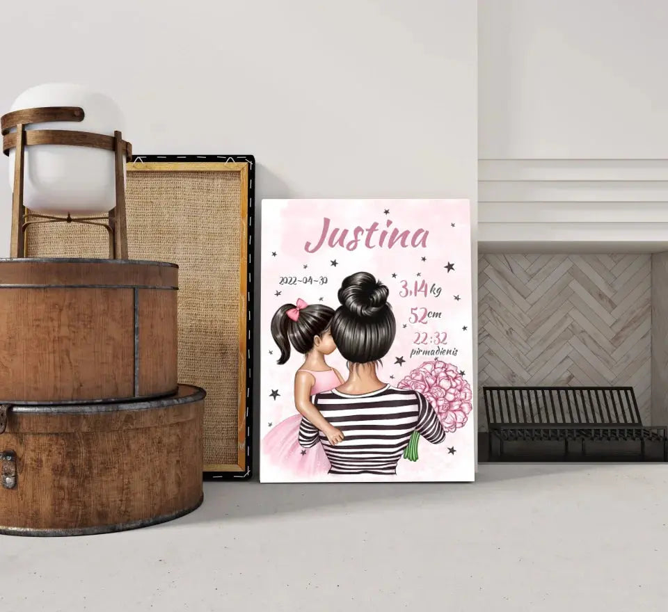 Personalizuota Vaiko Gimimo Metrikų Iliustracija ant drobės, Mylimiausia mama, Mergaitės gimimo metrika Drobe - dovanokis.lt