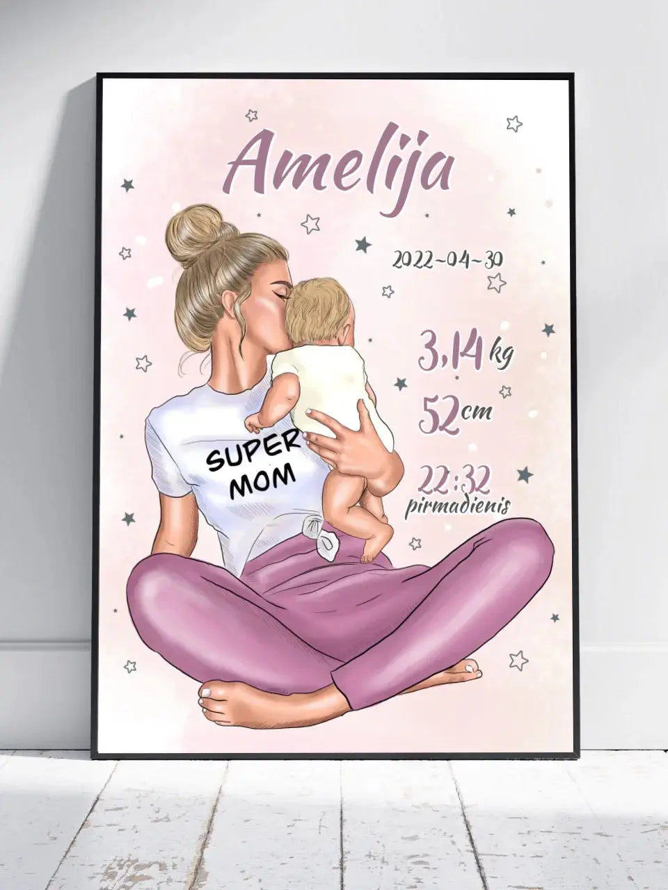 Personalizuota Vaiko Gimimo Metrikų Iliustracija Super Mama, Mergaitės gimimo metrika, plakatas su rėmeliu Poster - dovanokis.lt