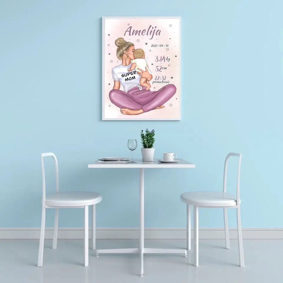 Personalizuota Vaiko Gimimo Metrikų Iliustracija Super Mama, Mergaitės gimimo metrika, plakatas su rėmeliu Poster - dovanokis.lt
