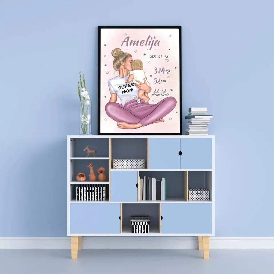 Personalizuota Vaiko Gimimo Metrikų Iliustracija Super Mama, Mergaitės gimimo metrika, plakatas su rėmeliu Poster - dovanokis.lt