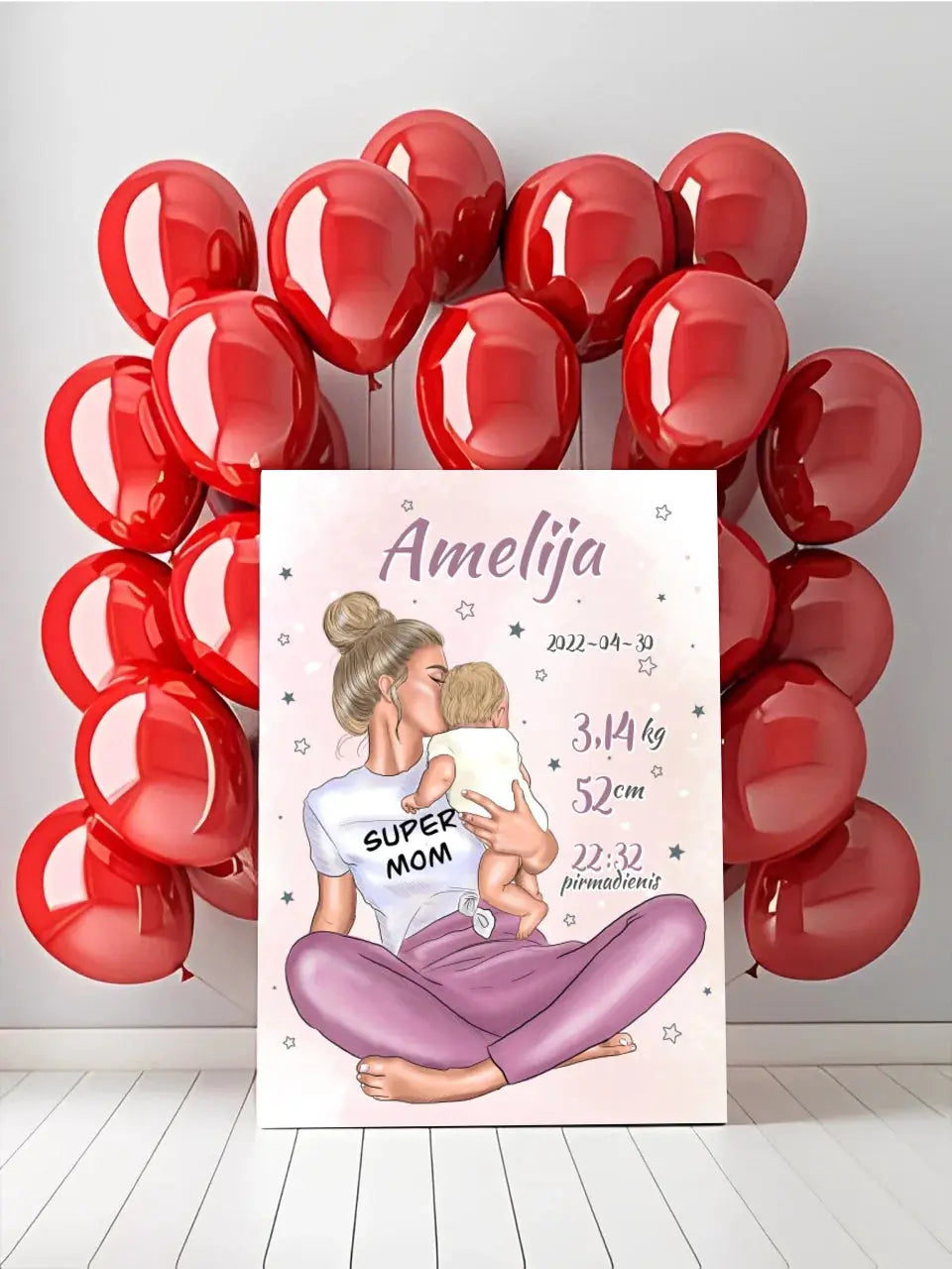 Personalizuota Vaiko Gimimo Metrikų Iliustracija ant drobės, Super Mama, Mergaitės gimimo metrika Drobe - dovanokis.lt